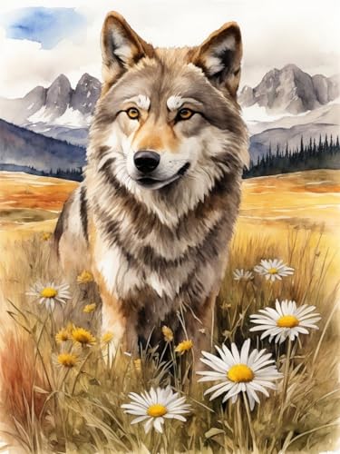 Meecaa Kreuzstich-Set, 11-fädig, geprägt, Feldblume, Tier, Berge, Stickset mit Zubehör, vorgedruckt (40 x 50 cm) (Wolf 1) von Meecaa