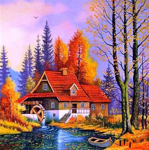 Meecaa Kreuzstich-Set, 11-fädig, geprägt, Herbstlandschaft, Haus, Villa, See, Stickset mit Zubehör, vorgedruckt (50 x 50 cm) (Herbst) von Meecaa