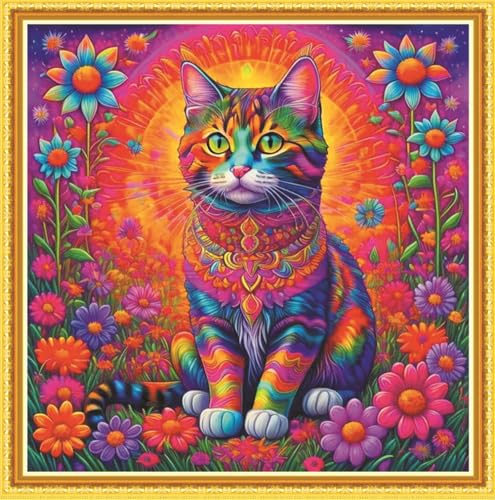 Meecaa Kreuzstich-Set, 11-fädig, geprägt, Motiv: Katze, Blume, Sonne, Stickset mit Zubehör, vorgedruckt (36 x 36 cm) (Katze 2) von Meecaa