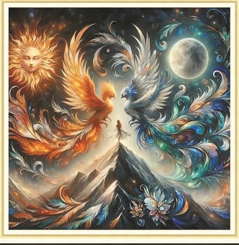 Meecaa Kreuzstich-Set, 11-fädig, geprägt, Phoenix, Sonne, Mond, Mädchen, Stickset mit Zubehör, vorgedruckt (36 x 36 cm) (Phoenix) von Meecaa