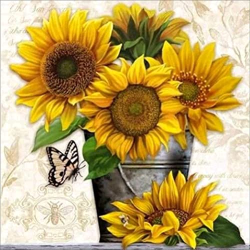 Meecaa Kreuzstich-Set, 11-fädig, geprägt, Sonnenblumen-Eimer, Schmetterling, Blume, Stickset mit Zubehör, vorgedruckt (36 x 36 cm) (Sonnenblume) von Meecaa