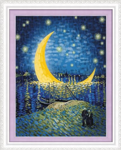 Meecaa Kreuzstich-Set, 11-fädig, geprägt, Sternenhimmel, Van Gogh, Mond, Niron Fluss, Stickset mit Zubehör, vorgedruckt (30 x 40 cm) (Sternenhimmel) von Meecaa