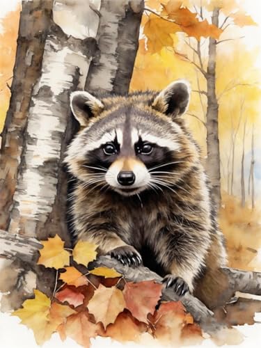 Meecaa Kreuzstich-Set, 11-fädig, geprägt, Waschbär-Tier, Ahornblätter, Herbst-Stickset mit Zubehör, vorgedruckt (40 x 50 cm) (Waschbär) von Meecaa