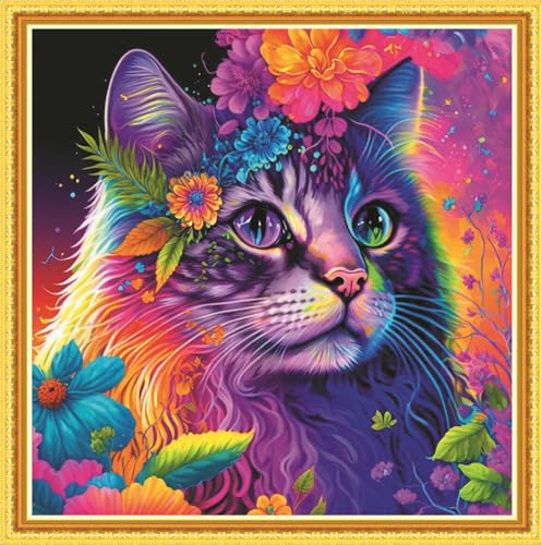 Meecaa Kreuzstich-Set, 11-fädig, geprägt, getigerte Katze, Blume, Tier-Stickset mit Zubehör, vorgedruckt (36 x 36 cm) (Tabby-Katze) von Meecaa