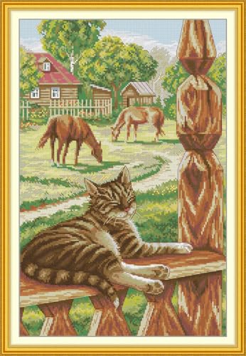 Meecaa Kreuzstich-Set, 14-fädig, geprägt, Bauernhof-Katze, Pferd, Tier-Stickset mit Zubehör, vorgedruckt (34 x 50 cm (Bauernhofkatze) von Meecaa