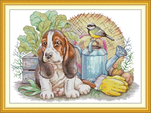 Meecaa Kreuzstich-Set, 14-fädig, geprägt, Hund, Vogel, Wasserkocher, Tier-Stickset mit Zubehör, vorgedruckt (28 x 34 cm) (Hund) von Meecaa