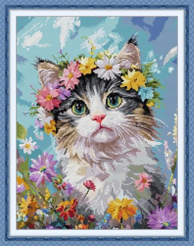 Meecaa Kreuzstich-Set, 14-fädig, geprägt, Katze, Blume, Tier, Haustier-Stickset mit Zubehör, vorgedruckt (37 x 47 cm (Katze) von Meecaa