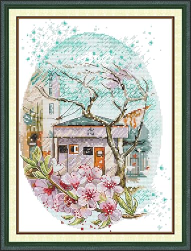 Meecaa Kreuzstich-Set, 14-fädig, geprägt, Schneestraße, Sakura-Landschaft, Stickset mit Zubehör, vorgedruckt (28 x 36 cm) (Schneeszene) von Meecaa