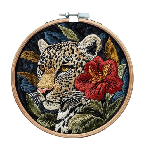 Meecaa Leoparden-Blumen-Tier-Stickset, Starter-Set, Handstickerei-Set, gemustertes Kreuzstich-Set für Anfänger und Erwachsene, mit Stickrahmen und Anleitung (Leopard) von Meecaa