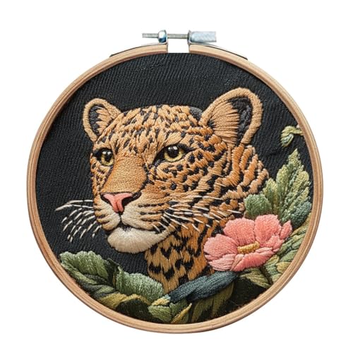 Meecaa Leoparden-Blumen-Tier-Stickset, Starter-Set, Handstickerei-Set, gemustertes Kreuzstich-Set für Anfänger und Erwachsene, mit Stickrahmen und Anleitung (Leopard 1) von Meecaa