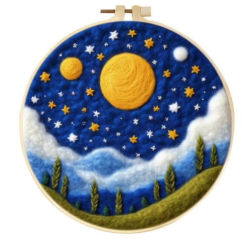 Meecaa Nadelfilz-Set zum Selbermachen für Anfänger, Mond, Sternenhimmel, Landschaft, inklusive Wollfilz-Zubehör, Stickrahmen, schöne Wollmalerei und Nadelfilzwerkzeuge (Mond) von Meecaa