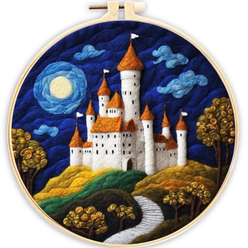 Meecaa Nadelfilz-Set zum Selbermachen für Anfänger, Schloss Sternenhimmel Mond inklusive Wollfilz-Zubehör, Stickrahmen, schöne Wollmalerei und Nadelfilzwerkzeuge (Schloss) von Meecaa