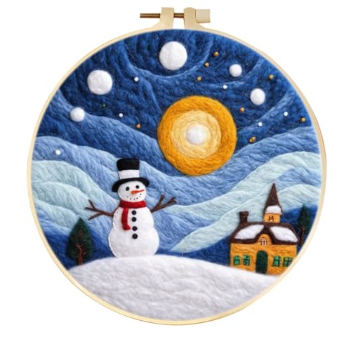 Meecaa Nadelfilz-Set zum Selbermachen für Anfänger, Schneemann, Landschaft, Sternenhimmel, inklusive Wollfilz-Zubehör, Stickrahmen, schöne Wollmalerei und Nadelfilzwerkzeuge (Schneemann) von Meecaa