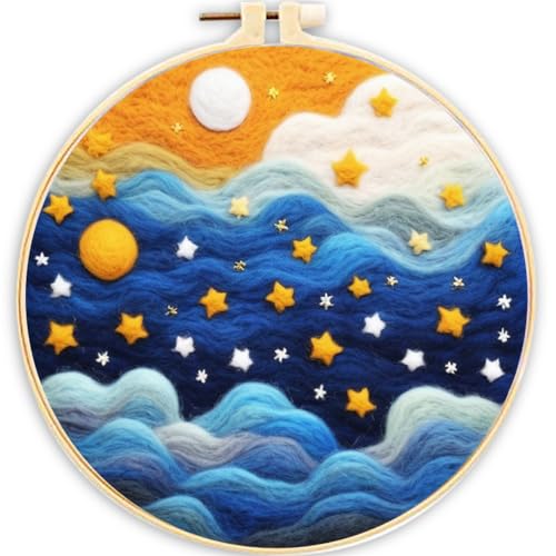 Meecaa Nadelfilz-Set zum Selbermachen für Anfänger, Sternenhimmel, Landschaft, Mond, inklusive Wollfilz-Zubehör, Stickrahmen, schöne Wollmalerei und Nadelfilzwerkzeuge (Sternenhimmel) von Meecaa