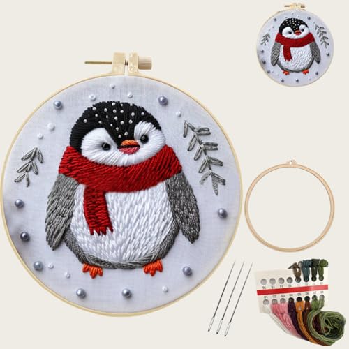 Meecaa Pinguin-Schal, Winter-Tier-Stickset, Starter-Set, Handstickerei-Set, gemustertes Kreuzstich-Set für Anfänger und Erwachsene, mit Stickrahmen und Anleitung (Pinguin) von Meecaa