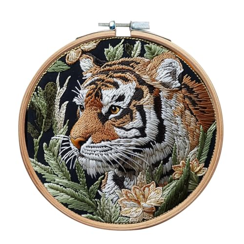 Meecaa Stickset mit Tigerblumen, Tier-Stickerei-Set, Handstickerei-Set, gemustertes Kreuzstich-Set für Anfänger und Erwachsene, mit Stickrahmen und Anleitung (Tiger) von Meecaa