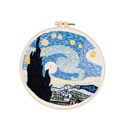 Meecaa Van Gogh's Sternennacht Stickset Starter-Set, Handstickerei-Set, Muster gedruckt Kreuzstich Set für Anfänger Erwachsene, mit Stickrahmen und Anleitung (Van Gogh Sternenhimmel) von Meecaa