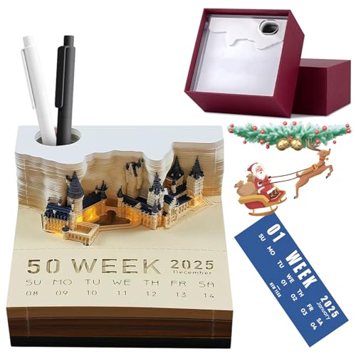 3D Kalender Abreißen 2025, Magic Castle 3D Wochenkalender 2025 Tischkalender-Notizblock mit Licht, 3D Notizblock Kalender, Kreative Haftnotizen Papierskulptur Desktop Ornament Stifthalter Geschenk von Meenewching