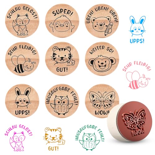 Lehrerstempel Set, 9-teilig Kinder Stempel, Holz Lehrer Stempel Motivstempel Stempel Set, Motivationsstempel Schule Kinder Rund Holzstempel mit Tier-Motiven Motivstempel für Lehrertag Motivation von Meenewching