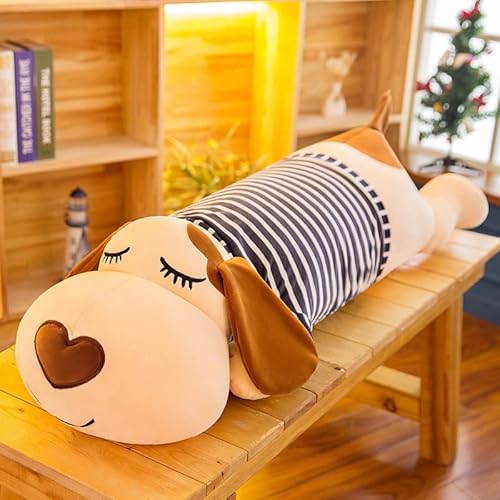 Kawaii Hund Plüschtier Niedliches gestreiftes Hundeschlafkissen Stofftier Puppe Zimmer Dekor für Kinder/Mädchen/Paare Geschenk Blaue Kleidung-01 120cm von Meetiger