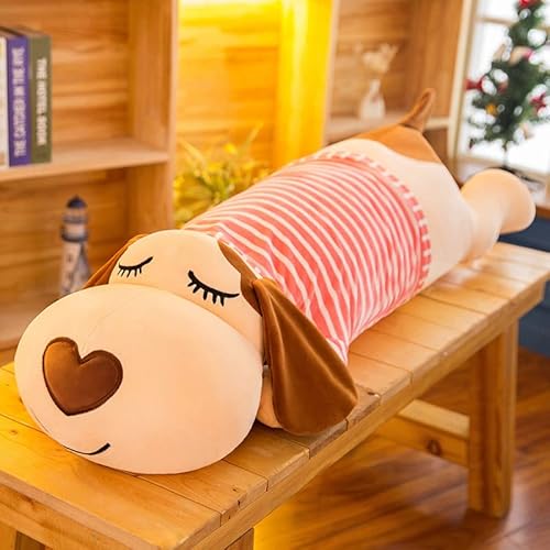 Kawaii Hund Plüschtier Niedliches gestreiftes Hundeschlafkissen Stofftier Puppe Zimmer Dekor für Kinder/Mädchen/Paare Geschenk Rosa Kleidung-01 120cm von Meetiger