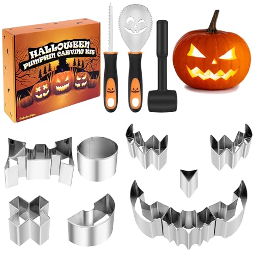 Meetory 13 Stück Halloween Kürbis Schnitzset, Halloween Deko Kürbis Schnitzwerkzeug, Edelstahl Kürbis Schnitzset mit Vorlagen, DIY Kürbis Carving Kit für Kinder und Familie von Meetory