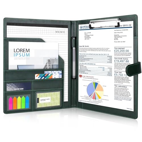 Meetory Klemmbrett mit Deckel, Klemmbrettmappe Aktenmappe aus PU-Leder Mappe A4 Schreibmappe mit Dokumentenfächern, Stiftehalter, Taschen, Klappdeckel (Olivgrün) von Meetory