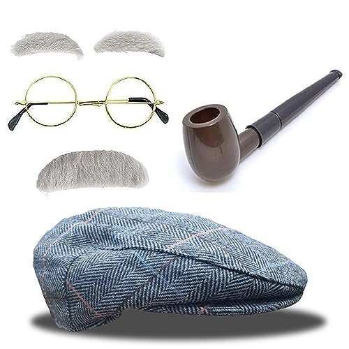 Mega_JumbleSale® Kostüm-Set für Opa, Opa, Alter Mann, flache Kappe, Augenbrauen, Schnurrbart, Brille und Pfeife von Mega_JumbleSale