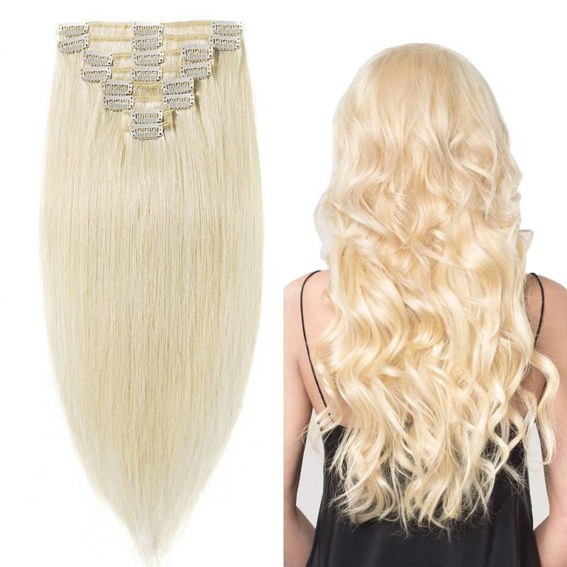 14-24 Zoll Echthaar-Clip-In-Haarverlängerungen, Farbe 60 - Platinblond von MegaBeautyCo