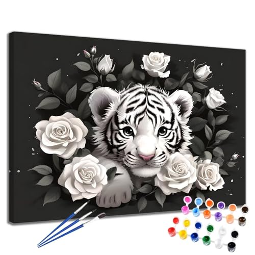 Blume Malen Nach Zahlen Erwachsene Tiger Malen Nach Zahlen Kinder ab 7 8 9 10 Jahre Mädchen DIY Handgemalt Ölgemälde Komplettset Leinwand Kit, Erwachsene Kreativ Home Decor Geschenk 60x75 cm 2W-70 von Meiaiao