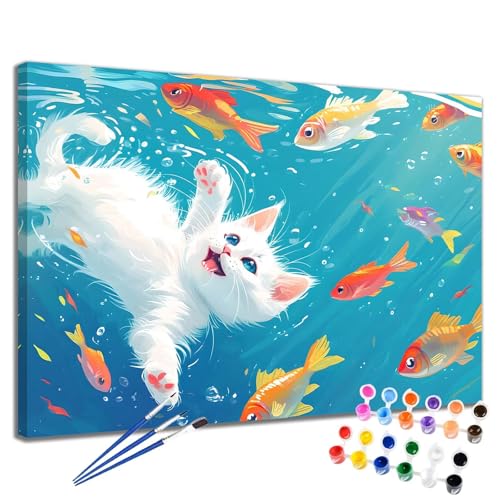 Katze Malen Nach Zahlen Erwachsene Fisch Malen Nach Zahlen Kinder ab 7 8 9 10 Jahre Mädchen DIY Handgemalt Ölgemälde Komplettset Leinwand Kit, Erwachsene Kreativ Home Decor Geschenk 90x120 cm 2W-49 von Meiaiao