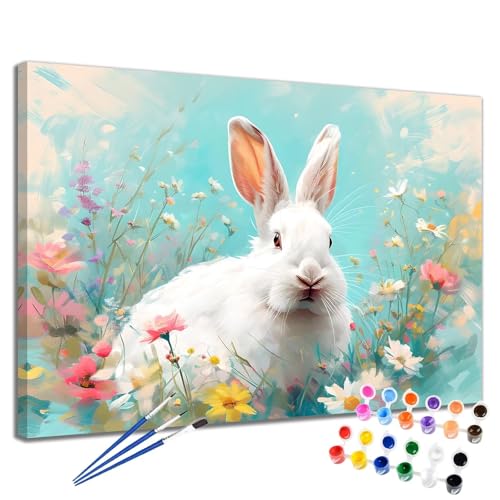 Malen Nach Zahlen Blume Malen Nach Zahlen Kinder ab 7 8 9 10 Jahre Mädchen Kaninchen 50x70 cm, Paint by Numbers Adult Leinwand Kunst Kreativ Kit, DIY Handgemalt Ölgemälde Home Decor Geschenk 2W-47 von Meiaiao