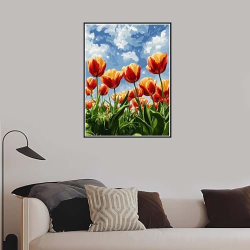 Malen Nach Zahlen Erwachsene, Blumen Malen Nach Zahlen Tulpe, DIY Handgemalt Ölgemälde Leinwand Set Anfänger Kinder Inklusive Pinsel und Acrylfarben, Frauen Hobby Bastelset mit Rahmen 60x75 cm-DK584 von Meiaiao