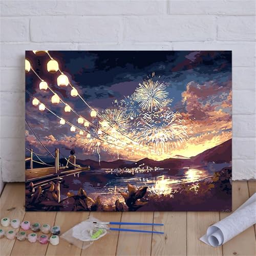 Malen Nach Zahlen Erwachsene, See Malen Nach Zahlen Feuerwerk, DIY Handgemalt Ölgemälde Leinwand Set für Anfänger Kinder Inklusive Pinsel und Acrylfarben, Frauen Hobby Bastelset Geschenke 40x50cm von Meiaiao