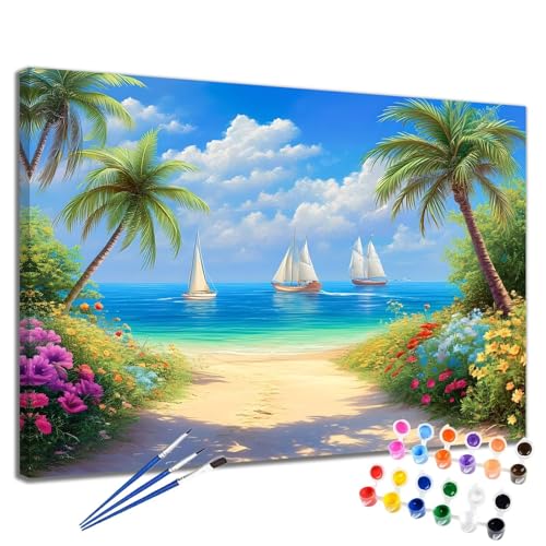 Malen Nach Zahlen Erwachsene Meer Malen Nach Zahlen Boot Groß Format 50x65 cm Handgemalt Ölgemälde, DIY Paint by Numbers Kit 3-Pinseln und Acrylfarbe, Kreativ Bastelset Als Geschenk für Frauen 2W-46 von Meiaiao