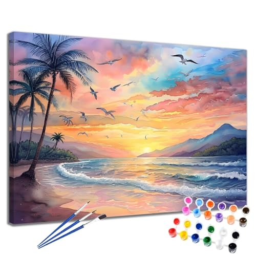 Malen Nach Zahlen Erwachsene Meer Malen Nach Zahlen Sonnenuntergang Groß Format 50x65 cm Handgemalt Ölgemälde, DIY Paint by Numbers Kit Pinseln und Acrylfarbe, Bastelset Als Geschenk für Frauen 2W-57 von Meiaiao