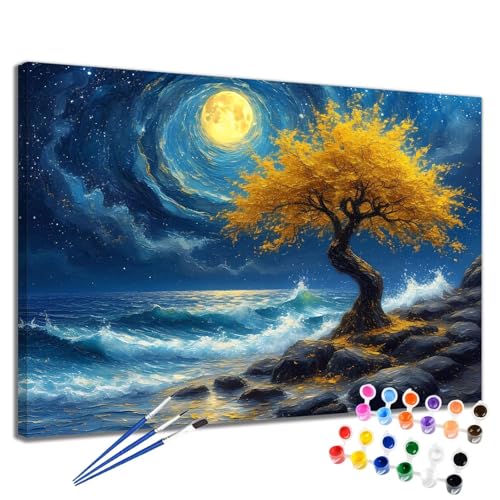 Malen Nach Zahlen Erwachsene Mond Malen Nach Zahlen Baum Groß Format 50x65 cm Handgemalt Ölgemälde, DIY Paint by Numbers Kit 3-Pinseln und Acrylfarbe, Kreativ Bastelset Als Geschenk für Frauen 2W-94 von Meiaiao