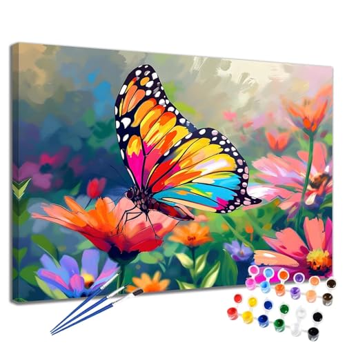 Malen Nach Zahlen Erwachsene Schmetterling Malen Nach Zahlen Blume Groß Format 50x65 cm Handgemalt Ölgemälde, DIY Paint by Numbers Kit Pinseln und Acrylfarbe, Bastelset Als Geschenk für Frauen 2W-83 von Meiaiao