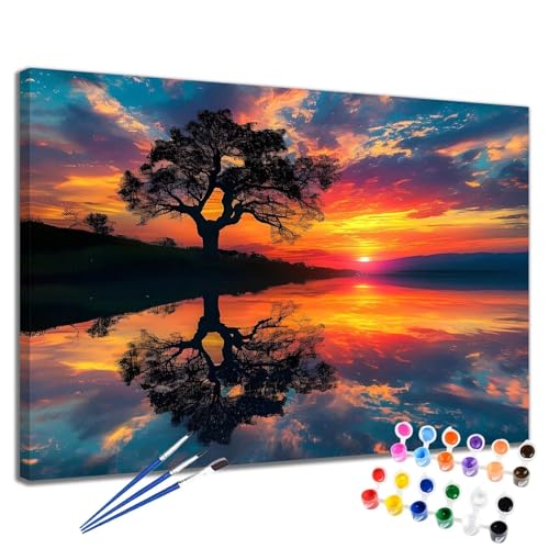 Malen Nach Zahlen Erwachsene Sonnenuntergang Malen Nach Zahlen Baum Groß Format 50x65 cm Handgemalt Ölgemälde, DIY Paint by Numbers Kit Pinseln und Acrylfarbe, Bastelset Als Geschenk für Frauen 2W-69 von Meiaiao