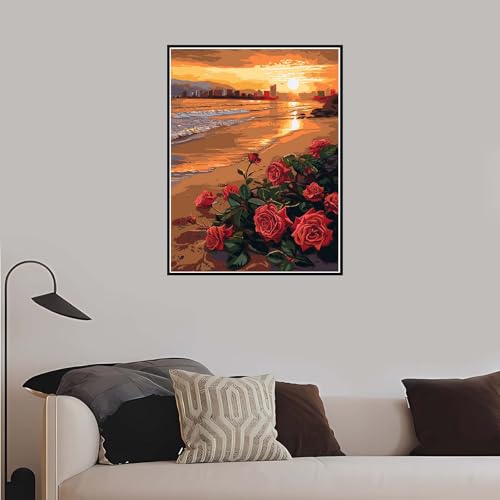 Malen Nach Zahlen Erwachsene Strand, Malen Nach Zahlen Blumen paint by numbers DIY Handgemalt Ölgemälde Bastelset für Anfänger kinder kreativ Frauen Geschenk, Wohnzimmer Deko 60x75 cm mit Rahmen-DK739 von Meiaiao