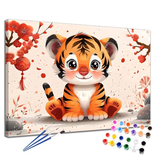 Malen Nach Zahlen Erwachsene Tiger Malen Nach Zahlen Blume Groß Format 50x65 cm Handgemalt Ölgemälde, DIY Paint by Numbers Kit 3-Pinseln und Acrylfarbe, Kreativ Bastelset Als Geschenk für Frauen 2W-26 von Meiaiao