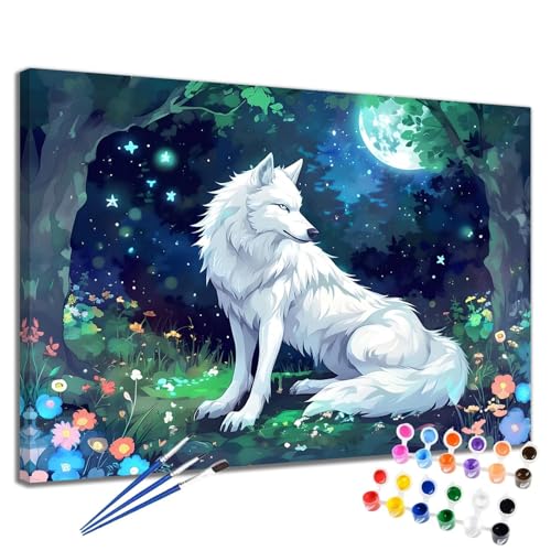 Malen Nach Zahlen Erwachsene Wolf Malen Nach Zahlen Blume Groß Format 50x65 cm Handgemalt Ölgemälde, DIY Paint by Numbers Kit 3-Pinseln und Acrylfarbe, Kreativ Bastelset Als Geschenk für Frauen 2W-40 von Meiaiao