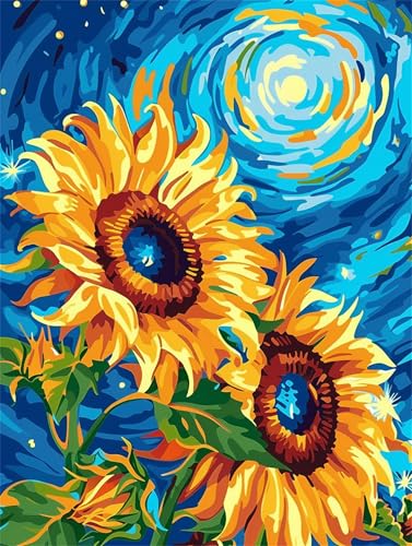 Sonnenblume Malen Nach Zahlen Erwachsene, Malen Nach Zahlen Sternenhimmel, Handgemalt Ölgemälde Leinwand Set für Anfänger Kinder Inklusive Pinsel und Acrylfarben, 6 7 8 9 Jahre 50x70cm, Ohne Rahmen von Meiaiao