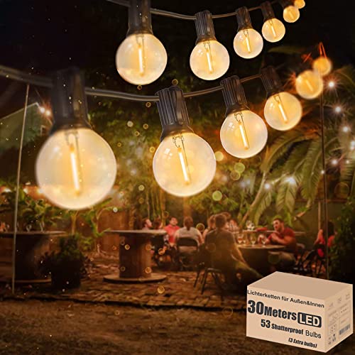 30M Lichterkette Außen LED Lichterkette Glühbirnen Aussen G40 53er Warmweiß IP44 Wasserdicht Glühbirnen Girland Lichterkette für Garten Terrasse Hochzeit Party Weihnachten von Meidaoduo