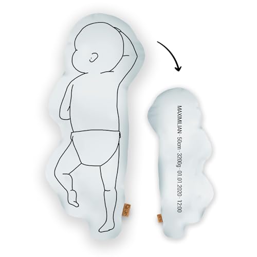 Mein Babykissen Personalisiertes Geburtskissen zur Geburt im 1:1 Maßstab | Mit Namen für Neugeborene | Erinnerungen in Originalgröße Jungen Mädchen (Sky Blue, 1:1 Maßstab mit Gewicht, Classy Two) von Mein Babykissen