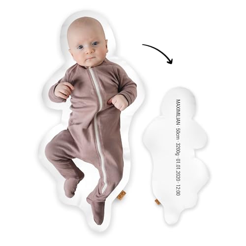 Mein Babykissen Personalisiertes Geburtskissen Fotokissen zur Geburt 1:1 Maßstab mit Gewicht | Mit Namen für Neugeborene | Erinnerungen in Originalgröße Jungen Mädchen | Geschenk zur Taufe von Mein Babykissen