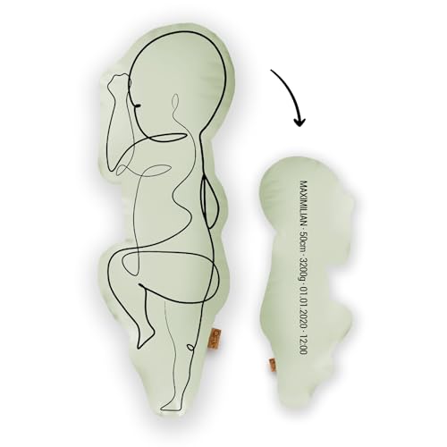 Mein Babykissen Personalisiertes Geburtskissen zur Geburt im 1:1 Maßstab | Mit Namen für Neugeborene | Erinnerungen in Originalgröße Jungen Mädchen (Pastel Green, 1:1 Maßstab ohne Gewicht, Line One) von Mein Babykissen