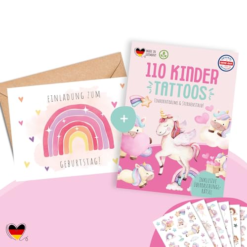 MeinBaby123® 10 Einladungskarten und 110 hautfreundliche Einhorn Kindertattoos im Bundle, Geburtstagseinladungen für Mädchen Regenbogen inkl. 10 Briefumschläge (26 - Regenbogen) von MeinBaby123