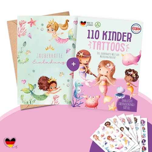 MeinBaby123® 10 Einladungskarten und 110 hautfreundliche Kindertattoos im Bundle, Geburtstagseinladungen Meerjungfrauen für Mädchen inkl. 10 Briefumschläge & 110 Hauttattoos (20 - Meerjungfrau) von MeinBaby123