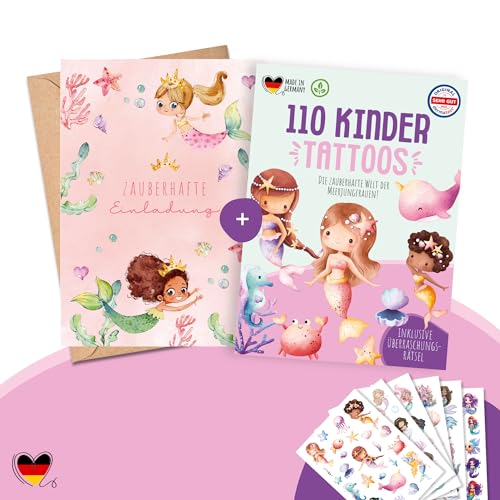 MeinBaby123® 10 Einladungskarten und 110 hautfreundliche Kindertattoos im Bundle, Geburtstagseinladungen Meerjungfrauen für Mädchen inkl. 10 Briefumschläge & 110 Hauttattoos (21 - Meerjungfrau) von MeinBaby123